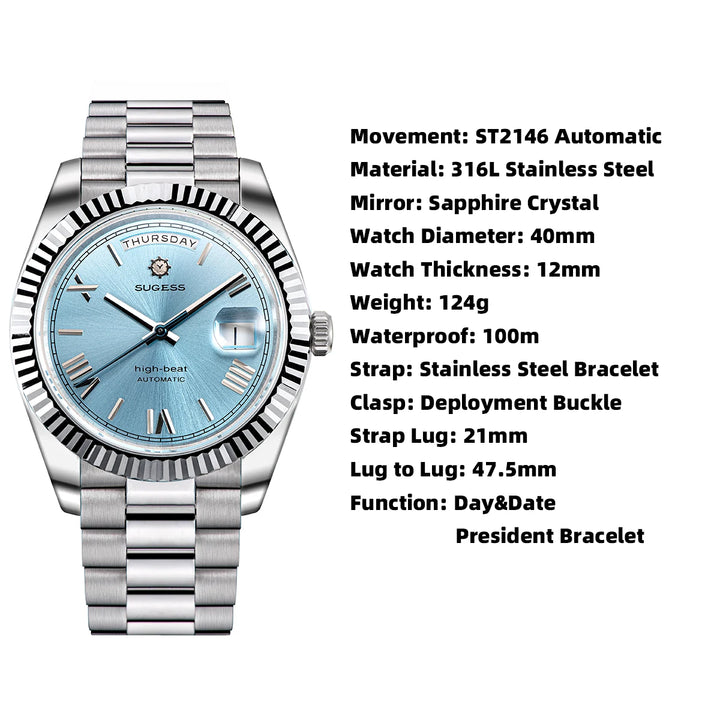 Sugess DD40 Men's Watches Automatic Day Date Mechanical Wristwatch Original ST2146 Movement Sapphire Waterproof Luxury Retro New - bertofonsi