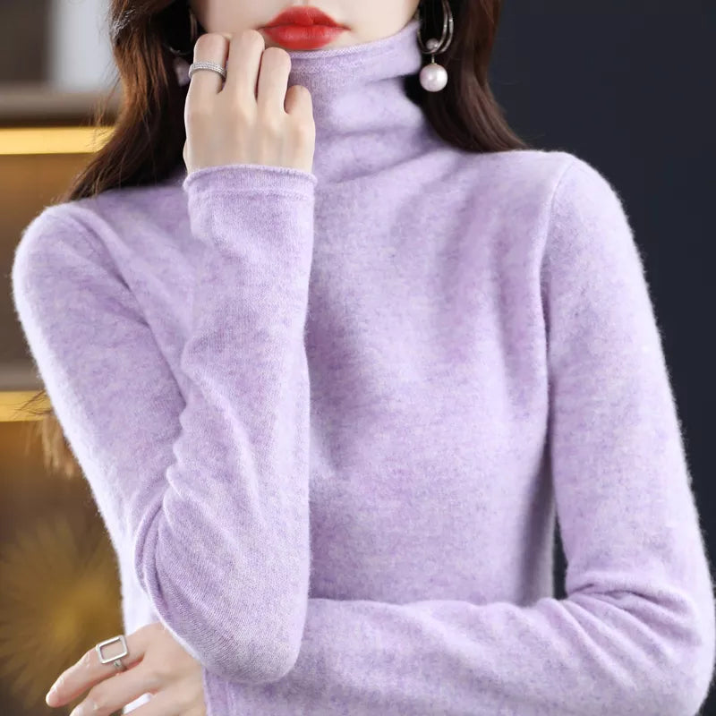 Merino Wool Cashmere Sweater Women's High Stacked Collar Pullover Long Sleeve Winter Knitted Sweater Warm High Quality Jumper - bertofonsi