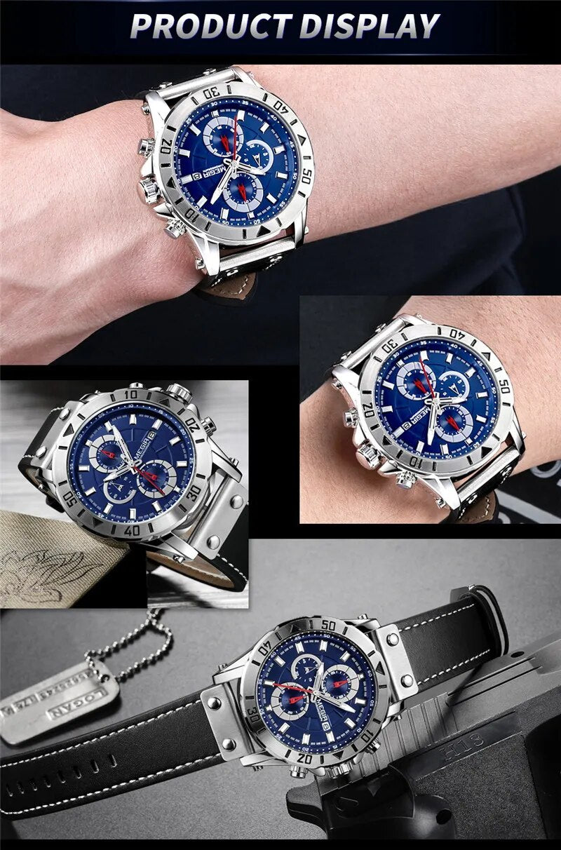 MEGIR Man Sport WristWatch Waterproof Chronograph Men Watch Military Army Top Brand Luxury Genuine Leather New Male Clock 2081 - bertofonsi