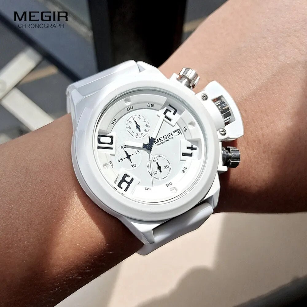 MEGIR Military Sport Watches Men White Silicone Strap Chronograph Quartz Wristwatch with Auto Date Waterproof Large Face 2002 - bertofonsi