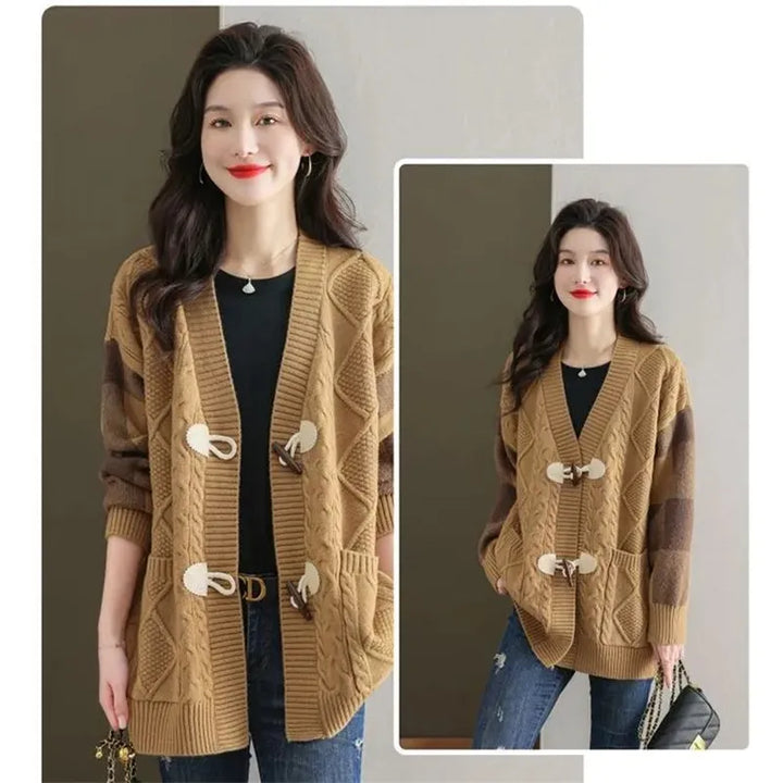 2023 Spring and Autumn New Female Fashion Cowhorn Button Mid Length Sweater Cardigan Coat Women's Lazy Loose Knitted Outwear - bertofonsi