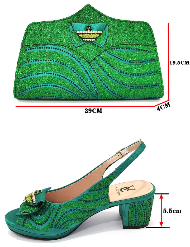Doershow New Arrival African Wedding Shoes and Bag Set green Color Italian Shoes with Matching Bags Nigerian lady party HGR1-14 - bertofonsi