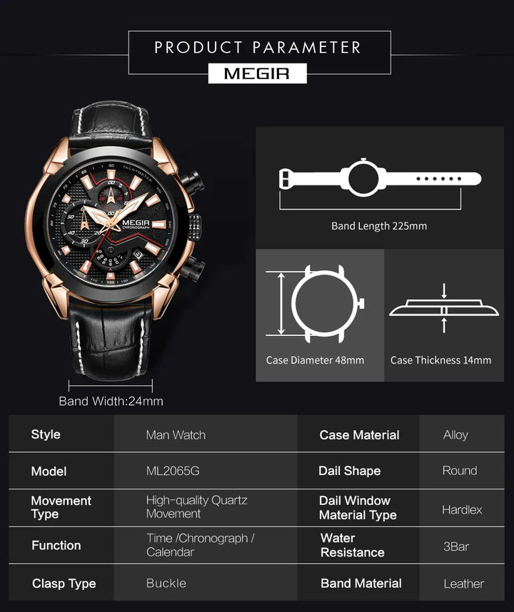 MEGIR Military Sport Watch for Men Top Brand Luxury Watches Leather Strap Quartz Wristwatch Man Clock Chronograph Reloj Hombre - bertofonsi