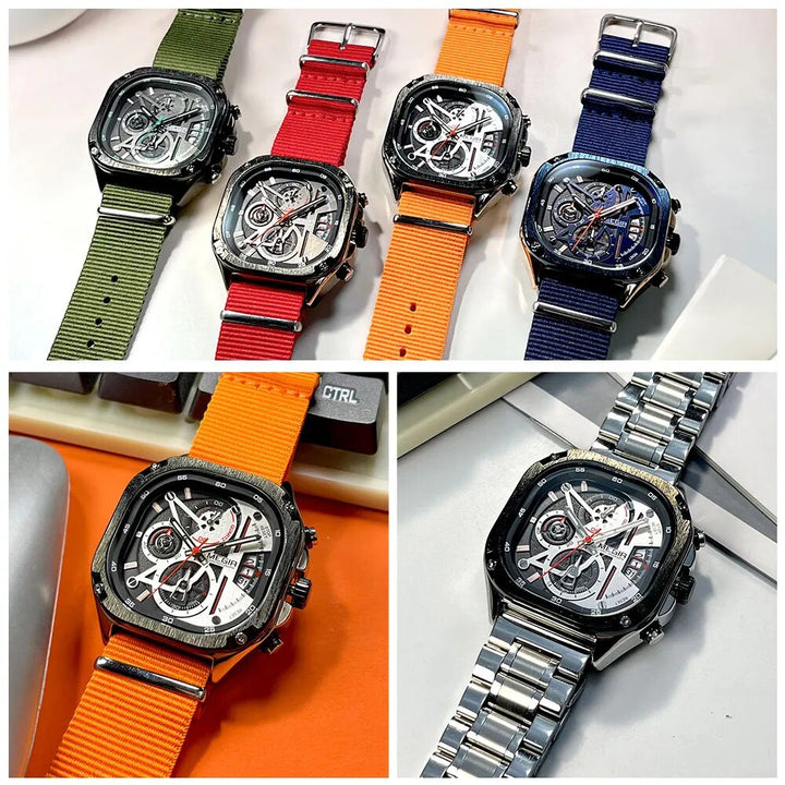 MEGIR Square Dial Quartz Watch Men Fashion Chronograph Stainless Steel Strap Wristwatch with Luminous Hands Auto Date Silver - bertofonsi