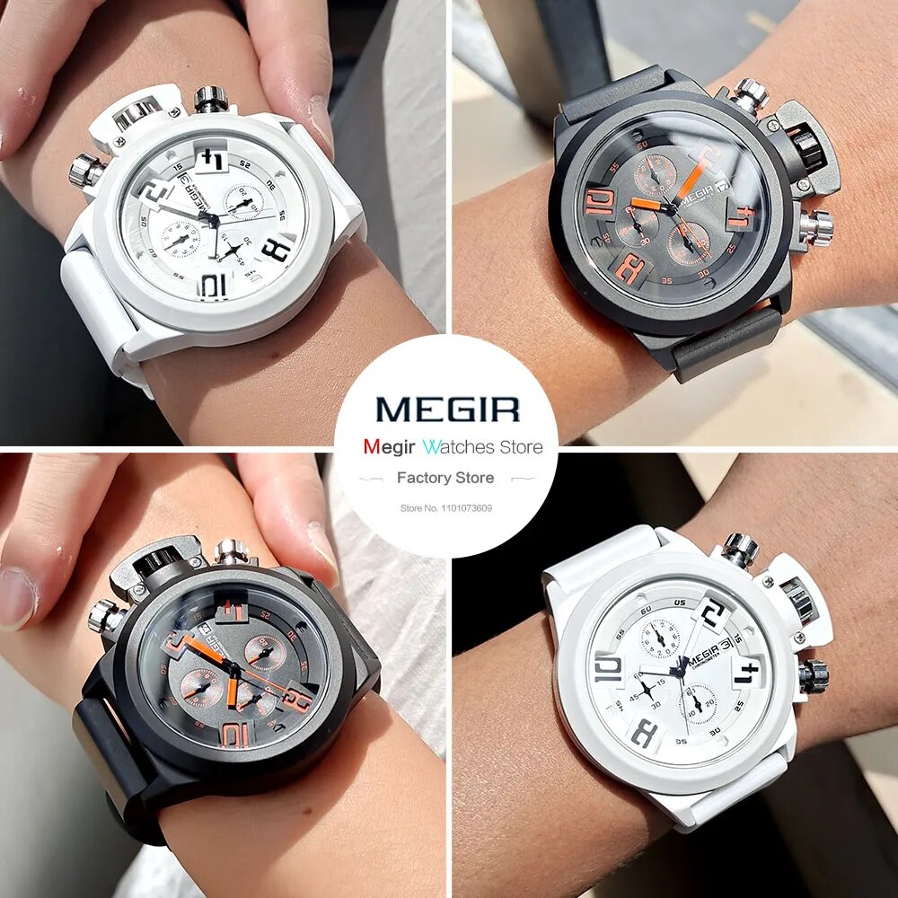MEGIR Military Sport Watches Men White Silicone Strap Chronograph Quartz Wristwatch with Auto Date Waterproof Large Face 2002 - bertofonsi