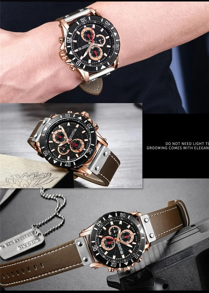 MEGIR Man Sport WristWatch Waterproof Chronograph Men Watch Military Army Top Brand Luxury Genuine Leather New Male Clock 2081 - bertofonsi