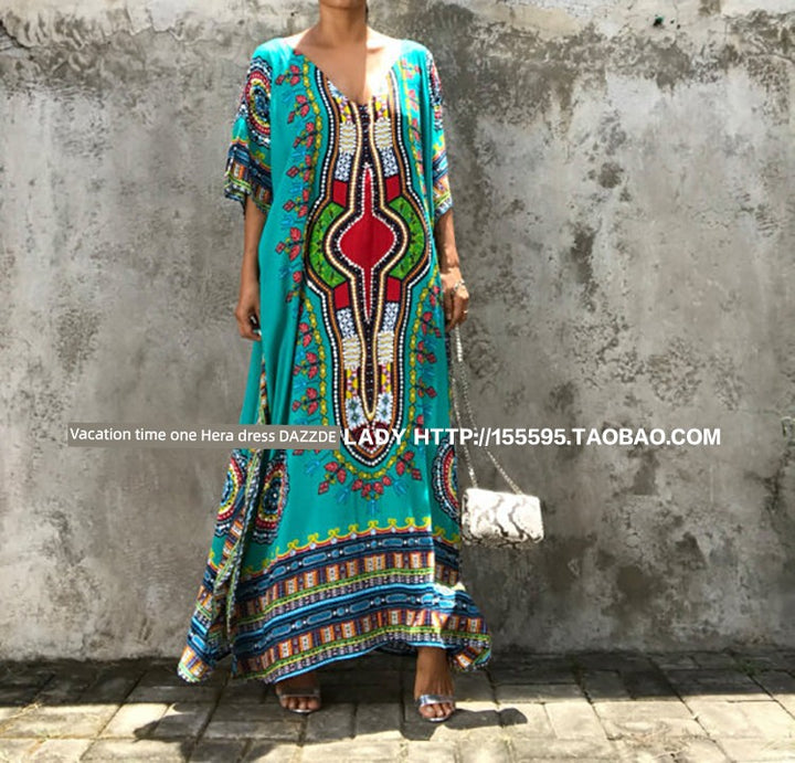 2023 New Hainan Ethnic Style Dress Summer Bohemian Long Dress Large Size Loose Seaside Vacation Beach Dress - bertofonsi