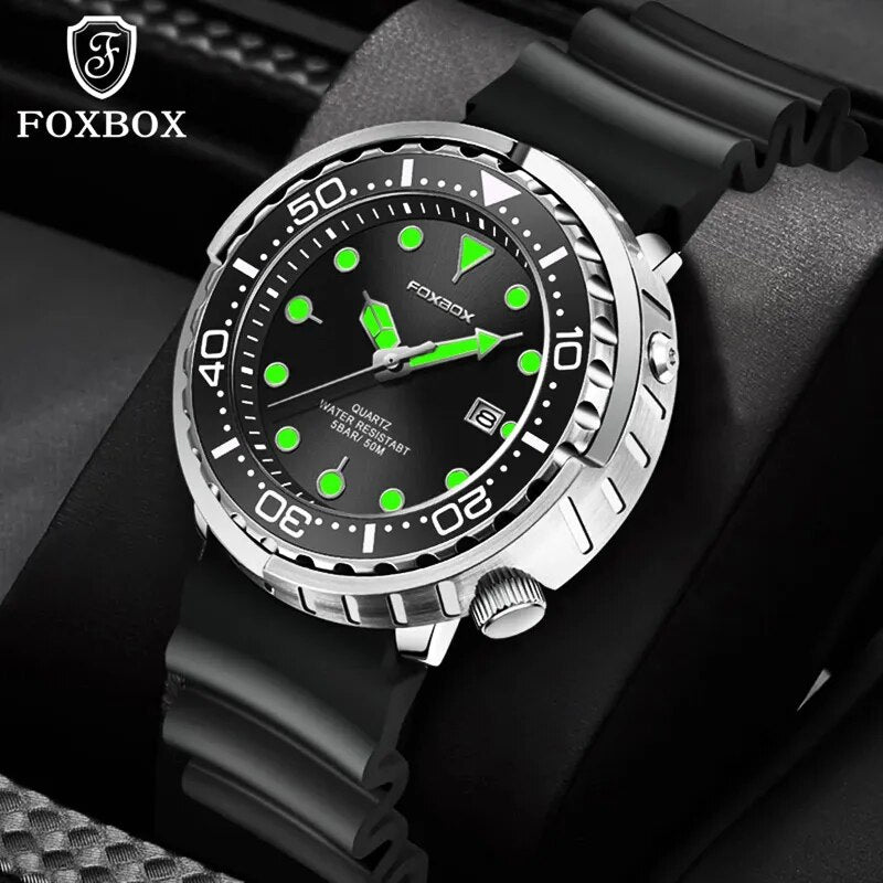 FOXBOX Men Watch Automatic Date Silicone Strap Sport Watch for Men 50m Waterproof Military Rotatable Bezel Wristwatch Men's Gift - bertofonsi