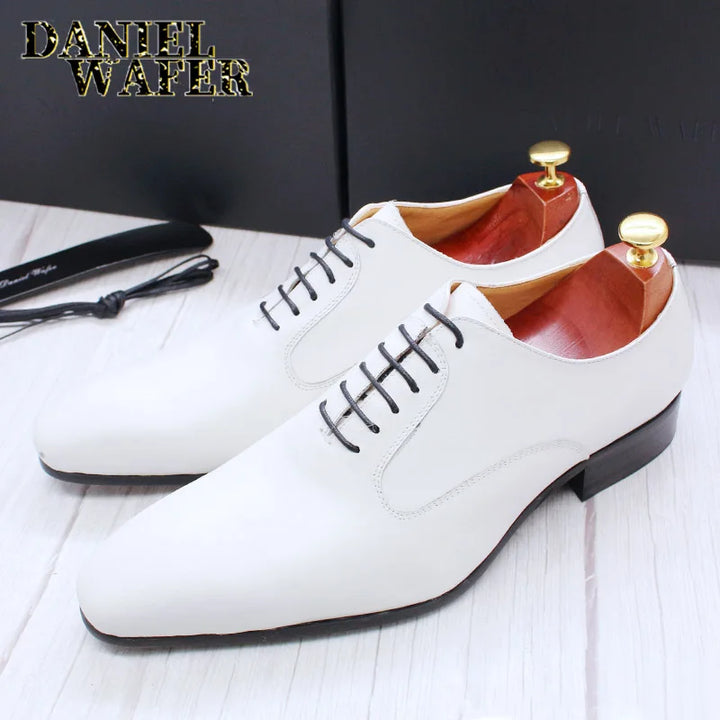 Luxury Brand Men Oxford Shoes White Black Brown Mens Dress Office Wedding Formal Shoes Lace Up Pointed Toe Leather Shoes for Men - bertofonsi