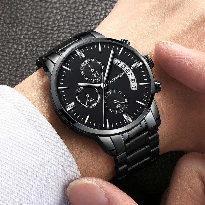 GUANQIN Top Brand Sport 50M Waterproof Chronograph Quartz Stainless steel watch for men Luminous Multifunctional Luxury Watches - bertofonsi