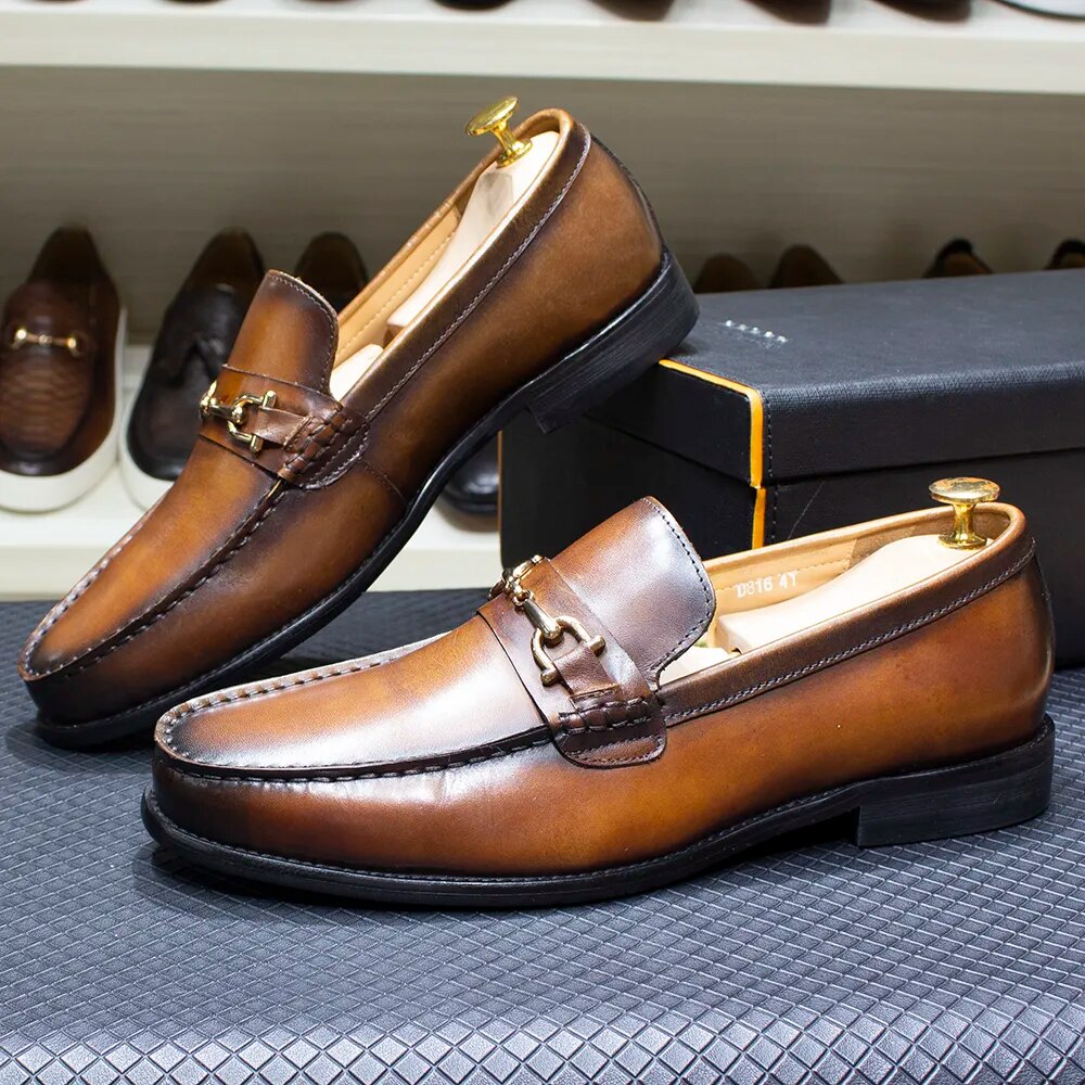 Classic Italian Style Mens Metal Chain Loafers Genuine Leather Slip on Dress Shoes for Men Casual Business Wedding Formal Shoes - bertofonsi