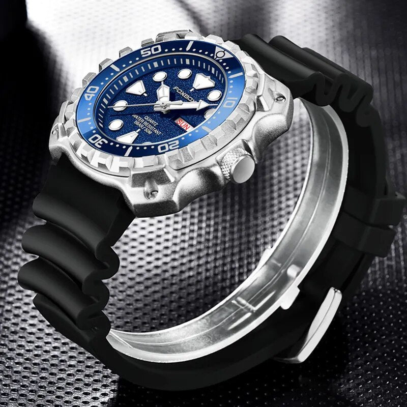 FOXBOX Mens Watches 5ATM Sports Waterproof Quartz Wristwatch Luminous Clock with Steel Bezel Watch for Men Relogio Masculino+Box - bertofonsi