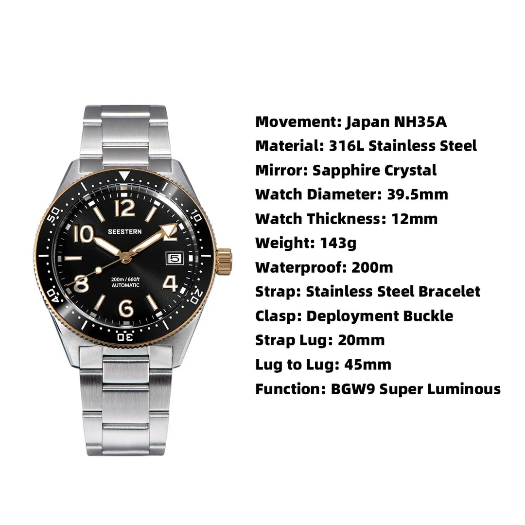 S434 Diver Watch Men Automatic NH35A Movement BGW9 Luminous Mechanical Wristwatches 20ATM Waterproof Sapphire Deployment Buckle - bertofonsi