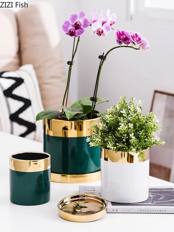European Style Luxury Emerald Ceramic Flowerpot Gilded Border Plant Flower Vase Flower Pot Office Living Room Home Decoration - bertofonsi