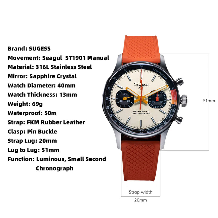 Sugess Pilot Mechanical Watch for Tianjin ST19 Chronograph Swanneck Movement Wristwatches Sapphire Crystal Limited Sports Racing - bertofonsi