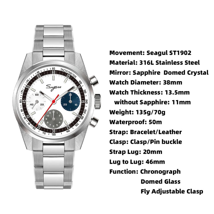 Sugess Watch 38mm Chronograph Watches of Men Original ST1902 Swanneck Movement Waterproof Mechanical Wristwatches Domed Sapphire - bertofonsi