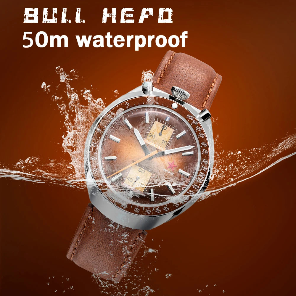 RED STAR Bull Head Retro 1963 Chronograph Movement 42mm Watches For Men Mechanical st1901 Hardlex Military Luminous Wristwatches - bertofonsi