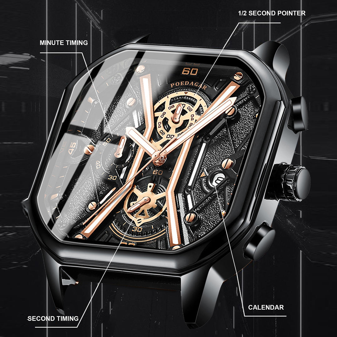 POEDAGAR Fashion Men Wristwatches Luxury Chronograph Luminous Waterproof Date Man Watch Square Dial Leather Quartz Men's Watches - bertofonsi