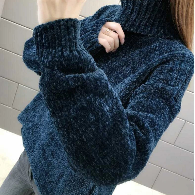 Chenille Turtleneck Sweater for Women Autumn Winter Korean Style Solid Color Thick Pullover Sweater Loose Lazy Style Sweater - bertofonsi