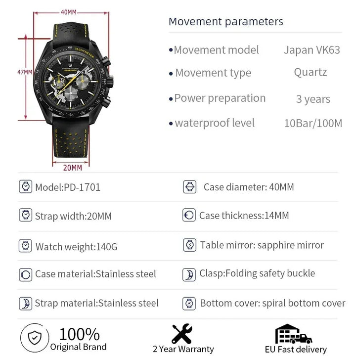 PAGANI DESIGN 2023 New Moon Dark Men's Watches Luxury Quartz Watch Men Skeleton Sport Chronograph AR Sapphire glass Wrist Watch - bertofonsi