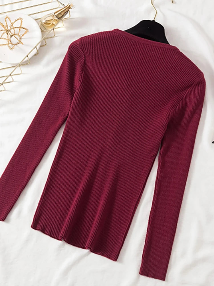 AOSSVIAO 2023 Autumn Winter Button V Neck Sweater Women Basic Slim Pullover Women Sweaters And Pullovers Knit Jumper Ladies Tops - bertofonsi