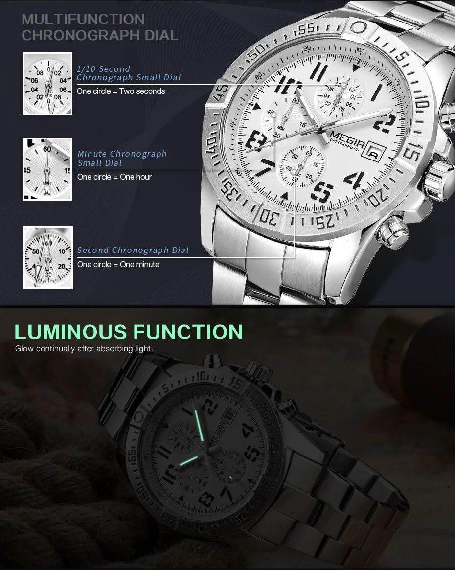 MEGIR Top Luxury Brand Men's Wrist Watch Mens Chronograph Clocks Male Quartz Watches Military Sport Stainless Steel Clock 2030 - bertofonsi