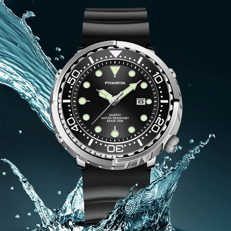 FOXBOX Men Watch Automatic Date Silicone Strap Sport Watch for Men 50m Waterproof Military Rotatable Bezel Wristwatch Men's Gift - bertofonsi