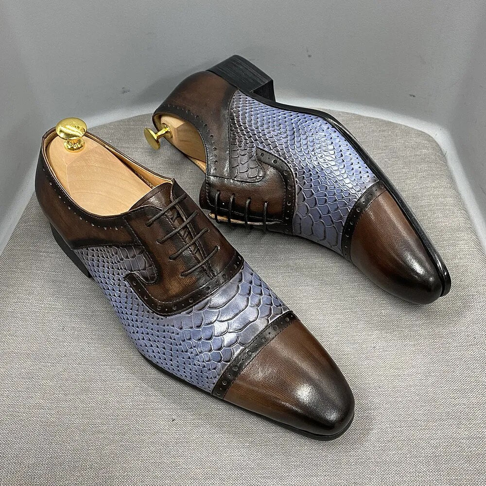 DANIEL WAFER Real Cow Leather Men's Dress Shoes Handmade Lace Up Oxford Snake Print Pointed Cap Toe Party Formal Shoes for Men - bertofonsi