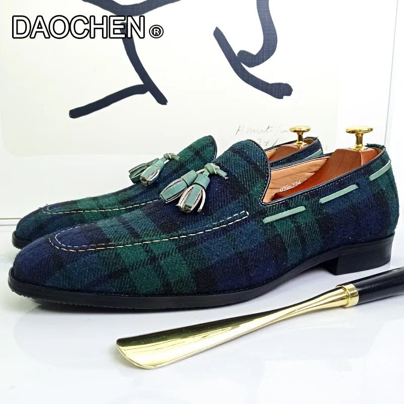LUXURY BRAND MEN'S LOAFERS SHOES GREEN BLACK GINGHAM TASSEL SUEDE CASUAL DRESS MAN SHOES GENUINE LEATHER LOAFERS FOR MEN - bertofonsi