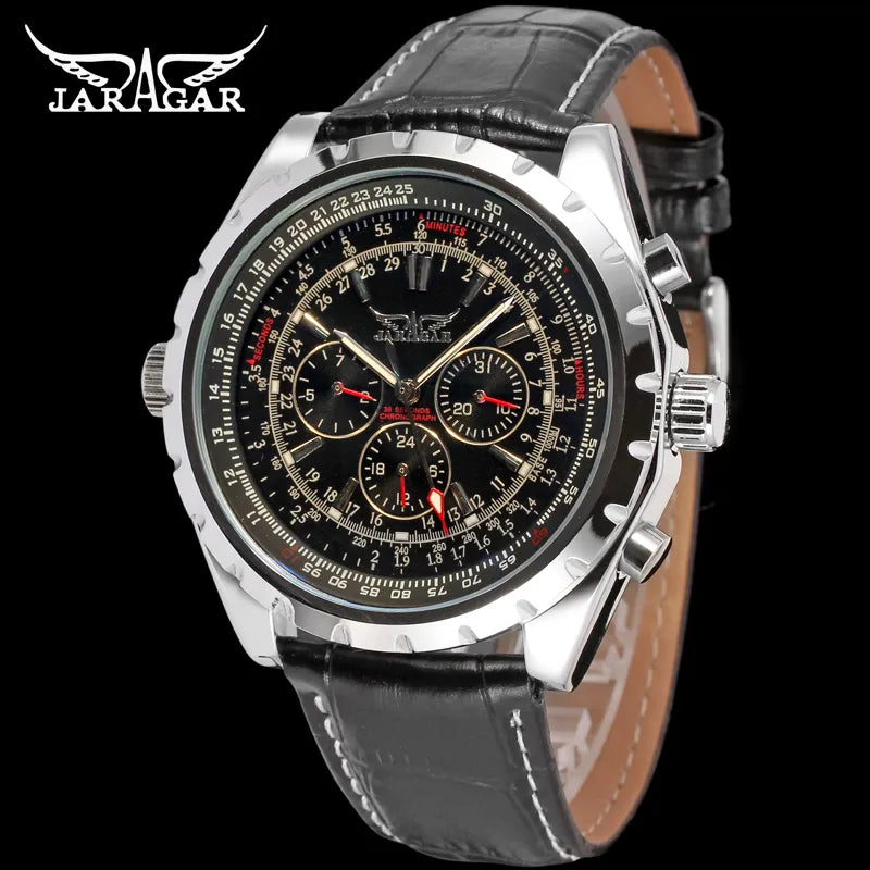 Jaragar 3 Dial Men's Automatic Watch Genuine Leather Mechanical Men's watches Date Week Display Luminous Wristwatch Blue Glass - bertofonsi