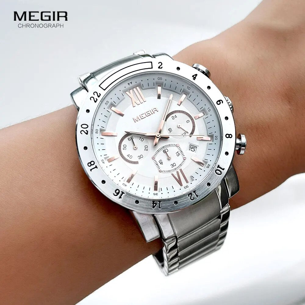 MEGIR hot brand quartz watches for men man's business white wristwatch fashion three-eyes waterproof luminous watch for male - bertofonsi