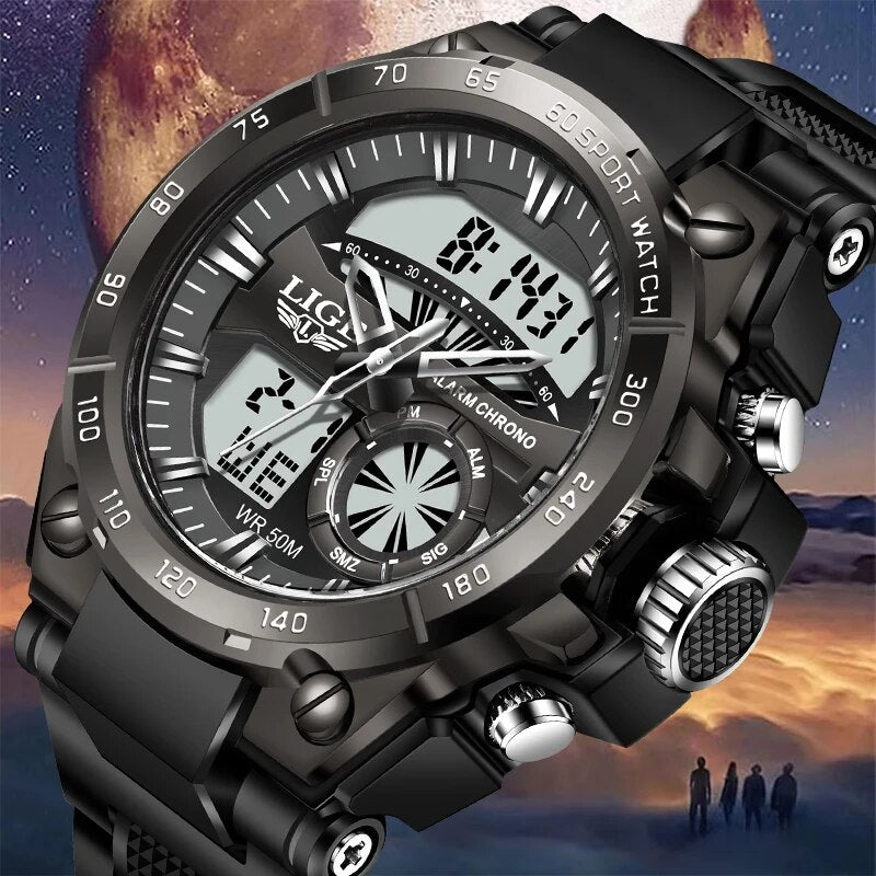 LIGE Fashion Top Brand Sports Dual Display Watch For Men 50M Waterproof Quartz Military Watches Alarm Clock Relogios Masculino - bertofonsi