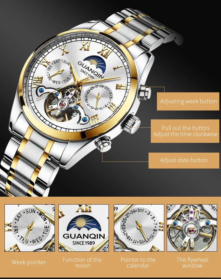 GUANQIN Tourbillon Mechanical Luxury Men's watches Stainless steel Waterproof Moon Phase Watch Sapphire Luminous watch for men - bertofonsi