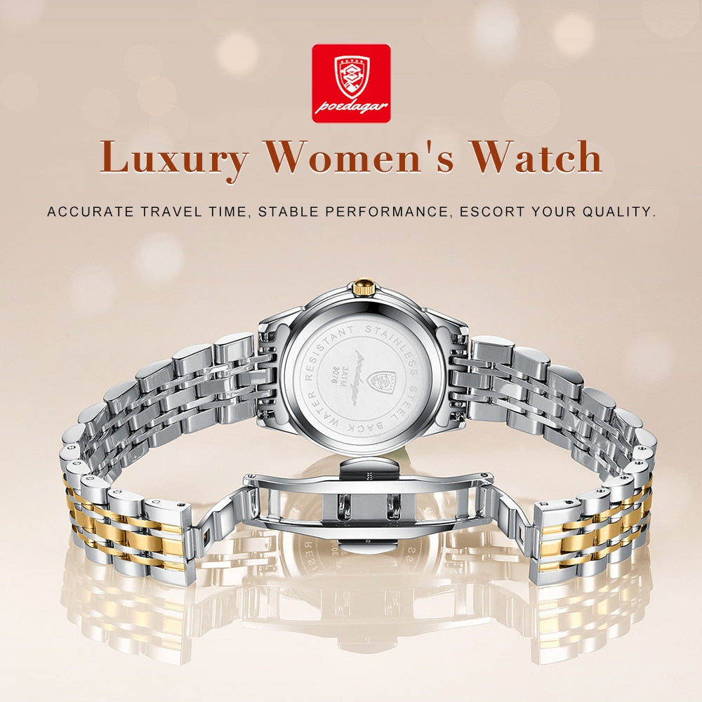POEDAGAR Luxury Ladies Wristwatch Luminous Waterproof Date Week Woman Dress Watches Stainless Steel Women Watch Quartz Clock+Box - bertofonsi