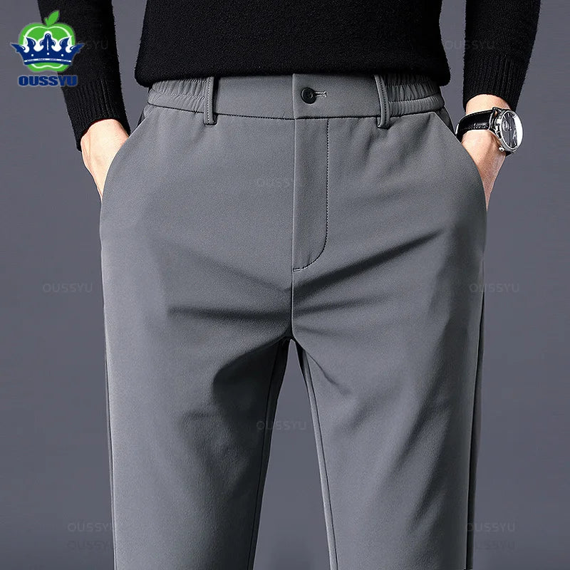 Autumn Winter Men's Casual Pants Business Stretch Slim Fit Elastic Waist Jogger Korean Classic Thick Black Gray Trousers Male - bertofonsi