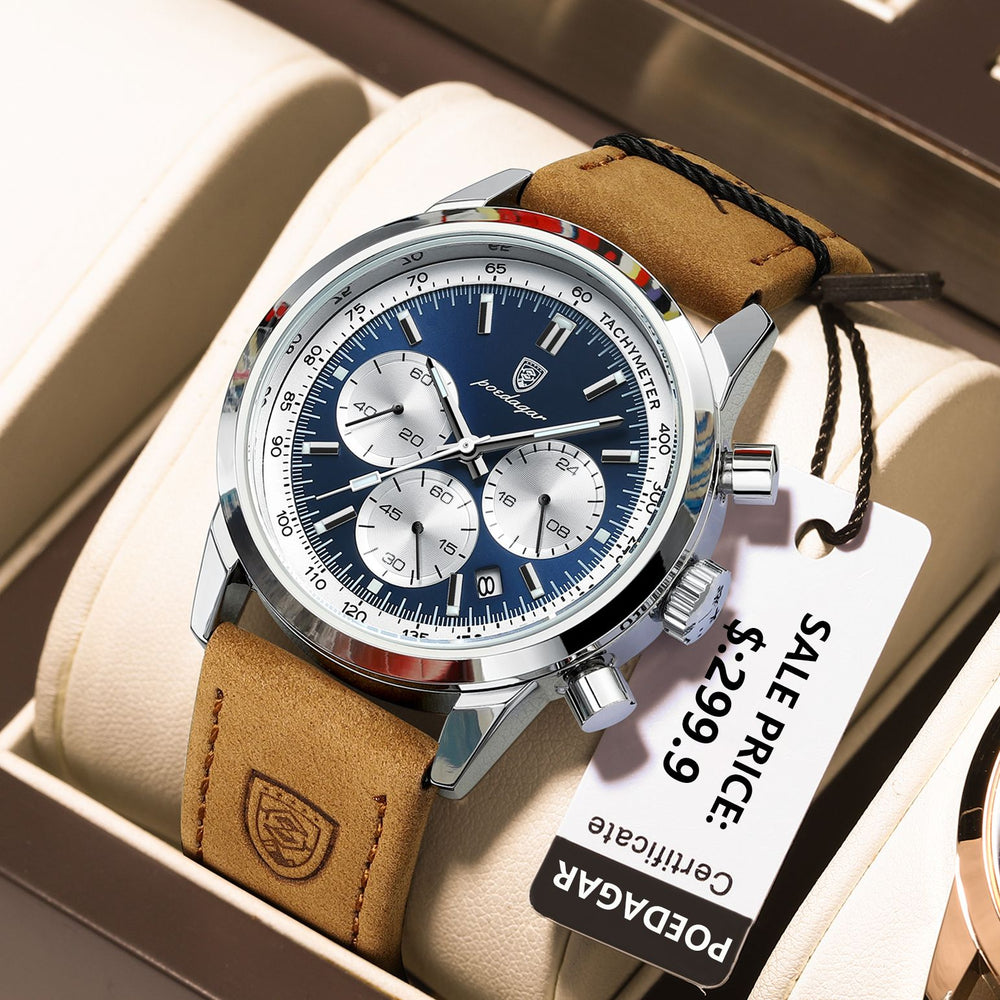 POEDAGAR Man Wristwatch Luxury Sport Genuine Leather Men Quartz Watch For Men Chronograph Waterproof Luminous Date Men's Watches - bertofonsi