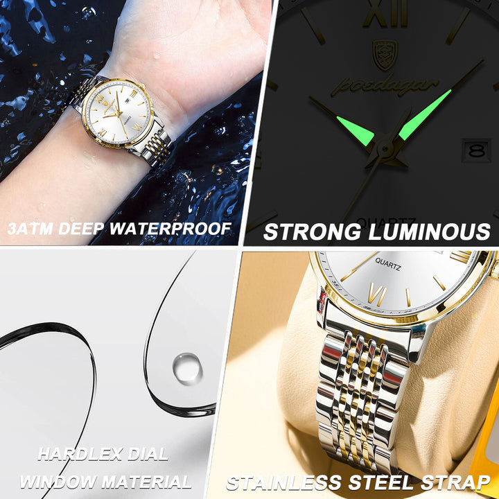 POEDAGAR Ladies Wristwatch Luxury Waterproof Luminous Date Gold Watch For Women Dress Stainless Steel Quartz Women's Watches+Box - bertofonsi
