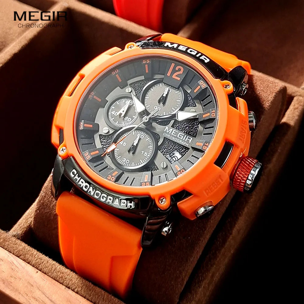 MEGIR Orange Sport Watches for Men Fashion Waterproof Luminous Chronograph Quartz Wristwatch with Auto Date Silicone Strap 2208 - bertofonsi