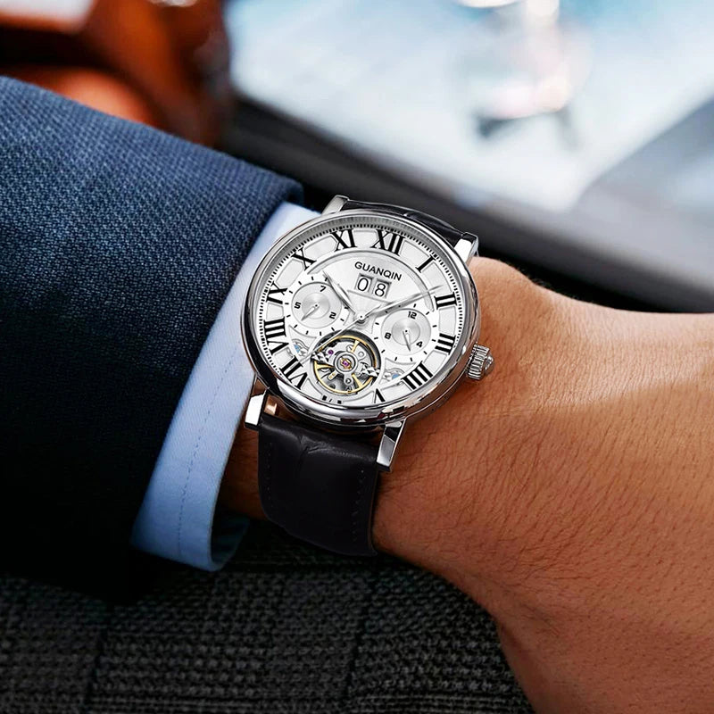 GUANQIN Multifunctional Mechanical Luxury Men's watches Leather Strap Steel Shell Waterproof Man watch Sapphire Tourbillon watch - bertofonsi
