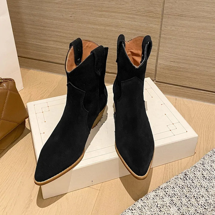 2022 Winter Classic Chelsea Boots for Woman Cow Suede Pointy toe Wedge Heel Ankle Boots Simple Comfortable Cowboy Boots Female - bertofonsi