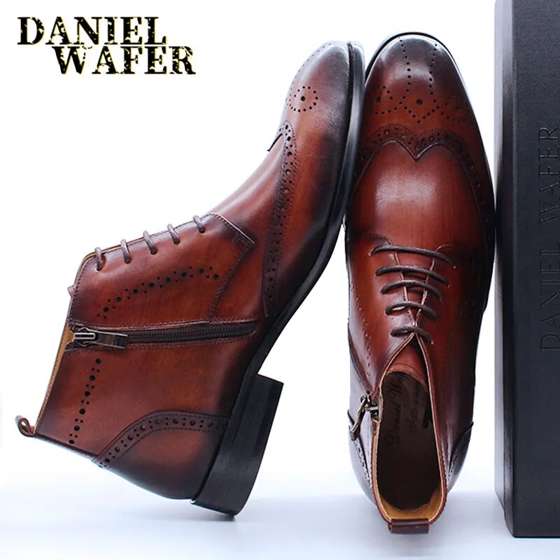 Handmade Men Ankle Boots Casual Leather Shoes Western Cowboy Boots Black Brown Wingtip Lace Up Wedding Office Dress Boots Men - bertofonsi