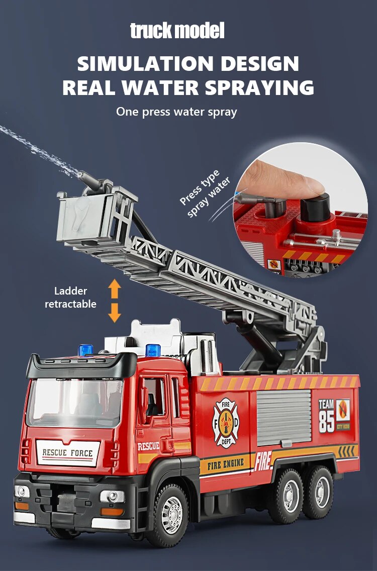 1:50 Fire Truck Firefighter Sprinkler Toy Diecast Simulation Alloy Truck Water Spray with Light Music Rescue Car Children's Toy - bertofonsi