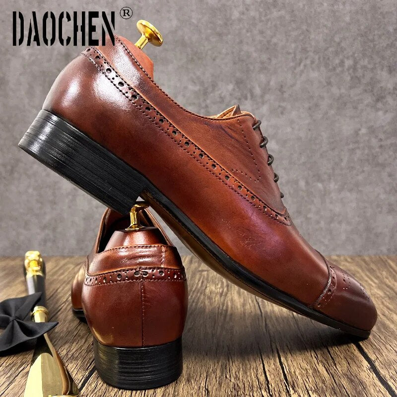 Luxury Brand Men's Oxford Shoes Brown Lace Up Pointed Brogues Mens Dress Formal Shoes Wedding Office Leather Men Shoes - bertofonsi