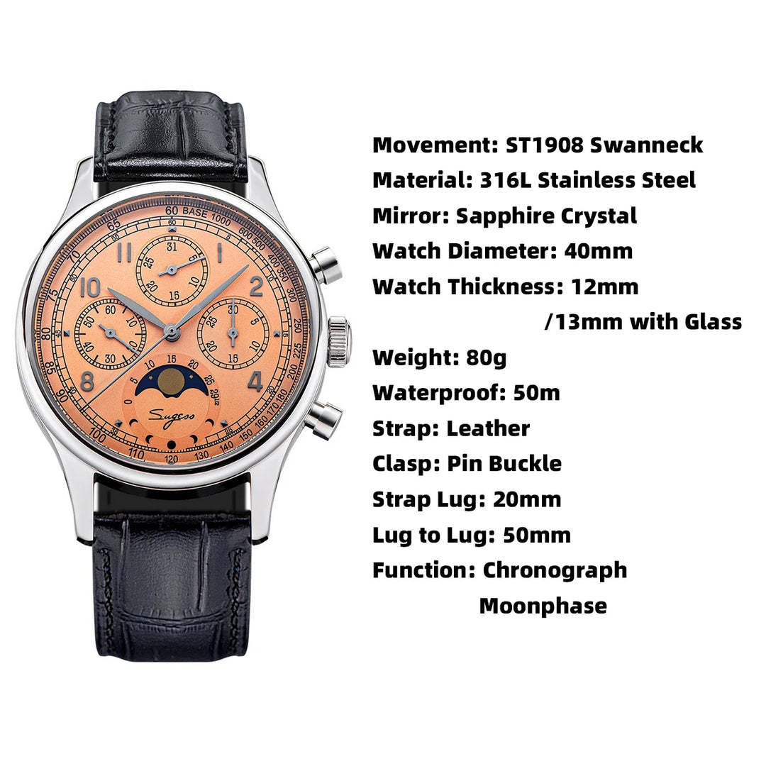 Sugess Watch of Men Chronograph Tianjin ST1908 Swanneck Movement Moonphase Business Mechanical Wristwatches Sapphire 2023 New - bertofonsi