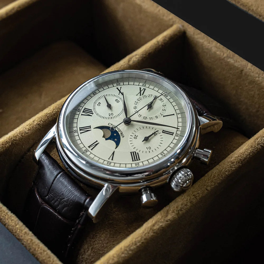 Sugess Men Watch ST1908 Swanneck Movement Mechanical Chronograph Wristwatch Genuine Moonphase Calendar Vintage Leather NEW 2023 - bertofonsi