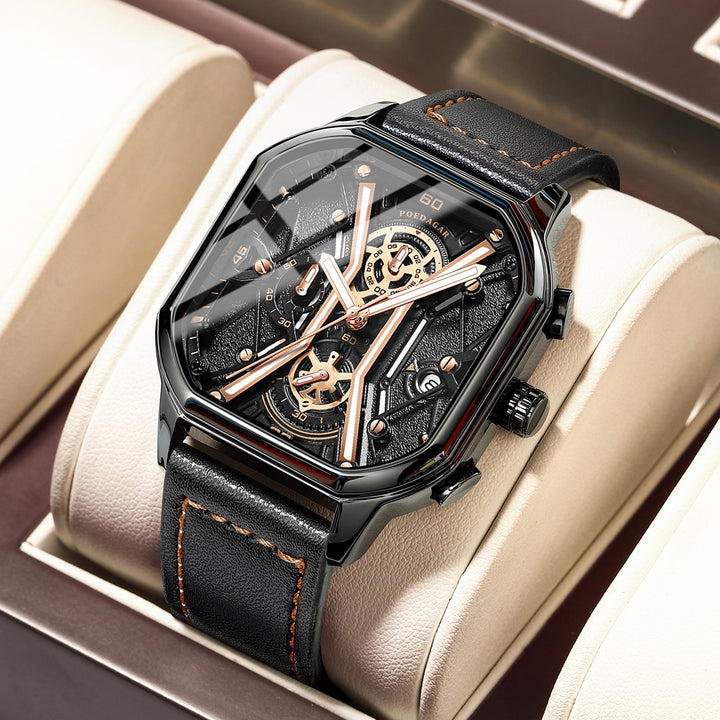 POEDAGAR Fashion Men Wristwatches Luxury Chronograph Luminous Waterproof Date Man Watch Square Dial Leather Quartz Men's Watches - bertofonsi