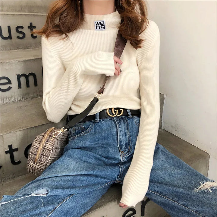 JoinYouth Half Turtleneck Pullovers Solid Appliques 2020 Autumn Winter All Match Women Sweaters Slim New Pull Femme Fashion J261 - bertofonsi