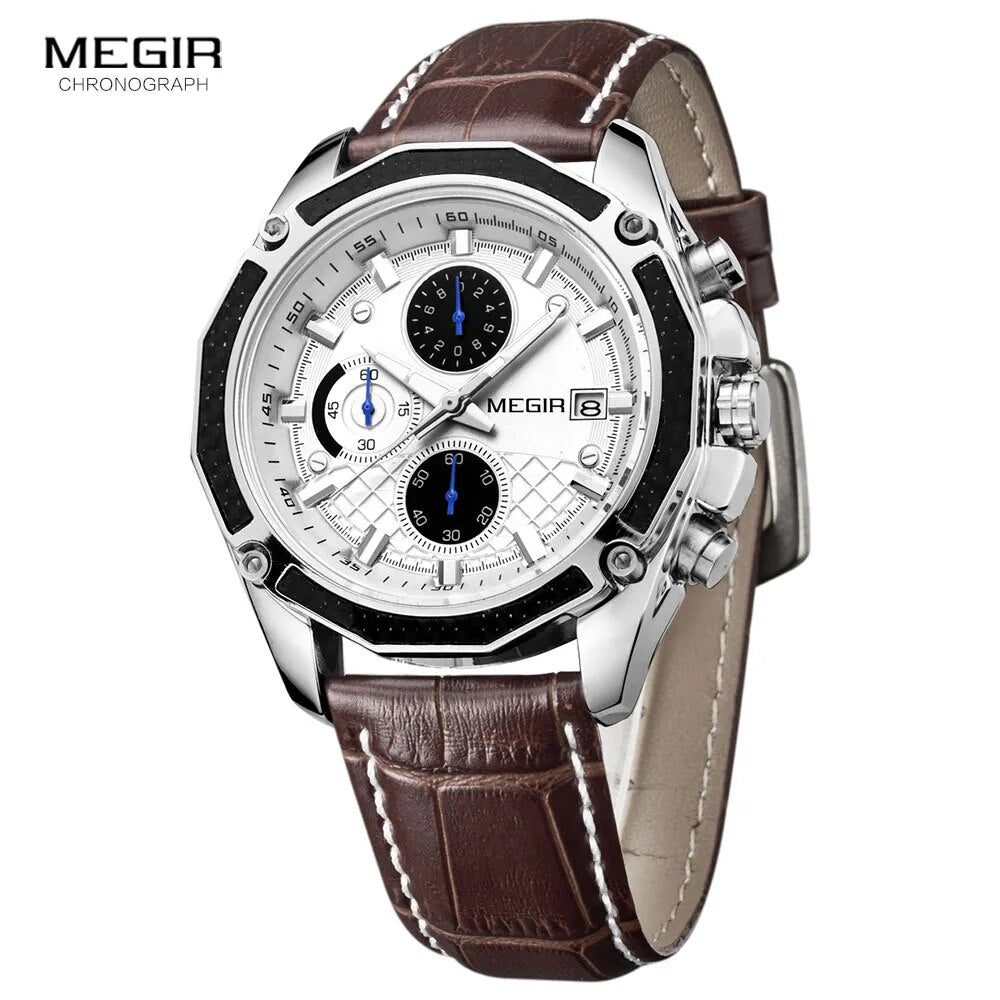 MEGIR quartz male watches Genuine Leather watches racing men Students game Run Chronograph Watch male glow hands for Man 2015G - bertofonsi