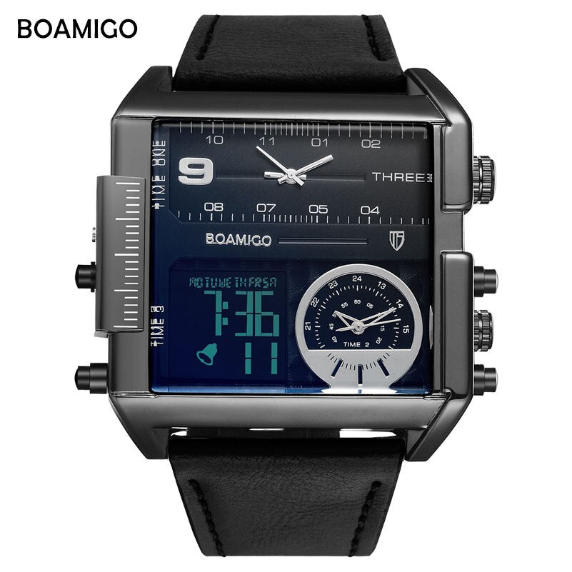 BOAMIGO brand men sports watches 3 time zone big man fashion military LED watch leather quartz wristwatches relogio masculino - bertofonsi