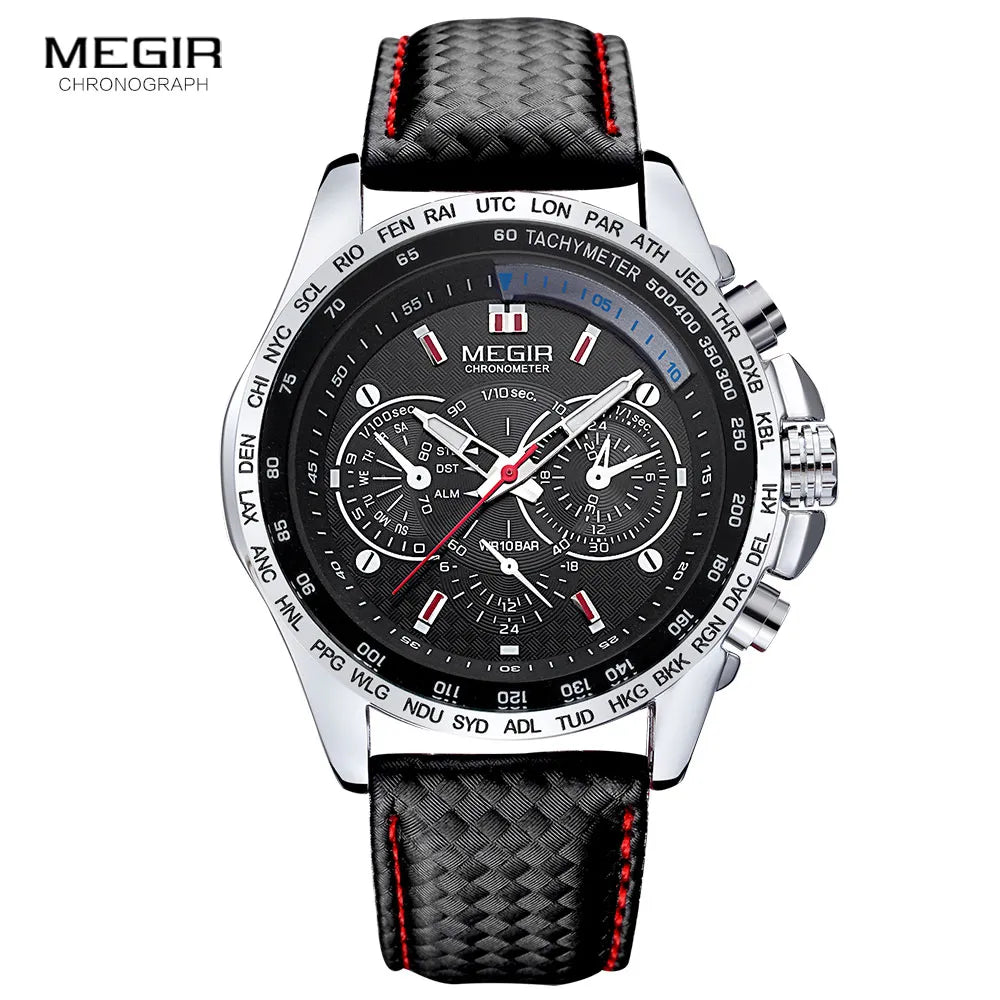 MEGIR hot fashion man's quartz wristwatch brand waterproof leather watches for men casual black watch for male 1010 - bertofonsi